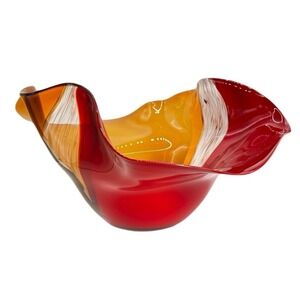 Diamond Star Corp Hand Blown Ruffled Art Glass Centerpiece Bowl Red Amber 15"